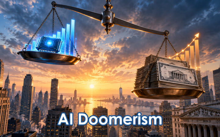 Balance scale over a sunset cityscape, with an AI chip on the left pan and cash on the right, captioned 'AI Doomerism'.