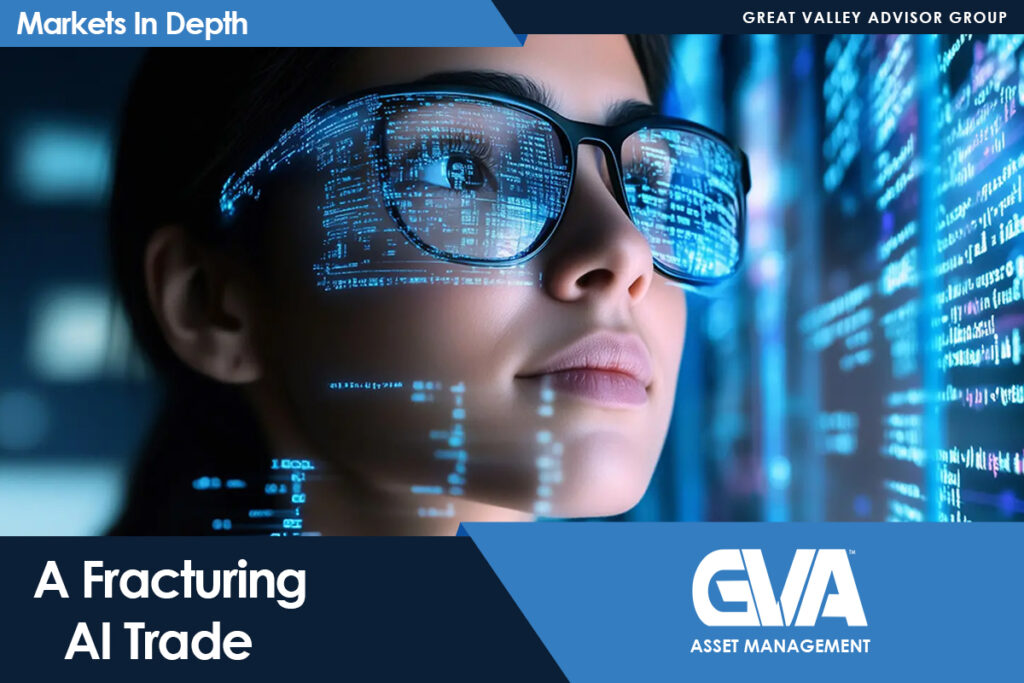 Woman wearing glasses with luminous blue code reflections, representing AI data analysis.