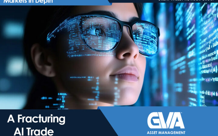 Woman wearing glasses with luminous blue code reflections, representing AI data analysis.