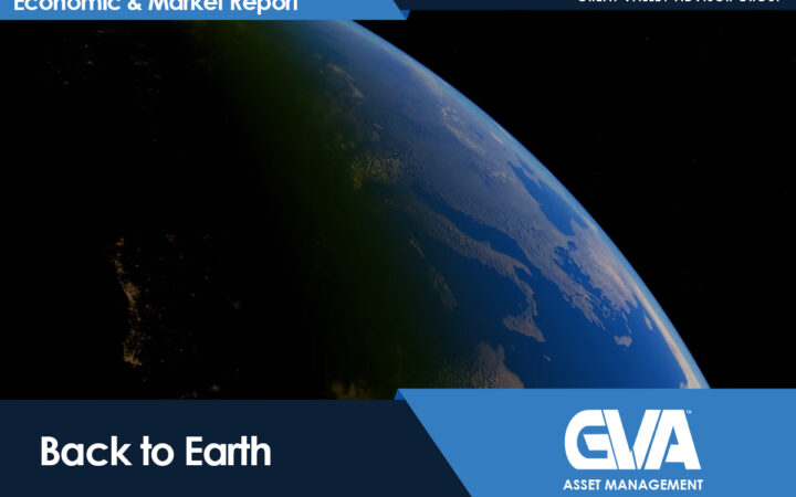 Earth's limb from space on a report cover with blue branding, titled 'Back to Earth' for Great Valley Advisor Group's Economic & Market Report