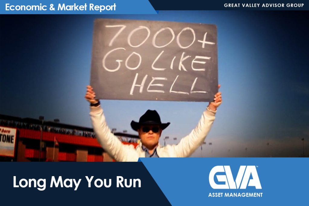 Person in a cowboy hat holds a sign that reads '7000+ GO LIKE HELL' at a stadium, with 'Economic & Market Report' branding across the top.