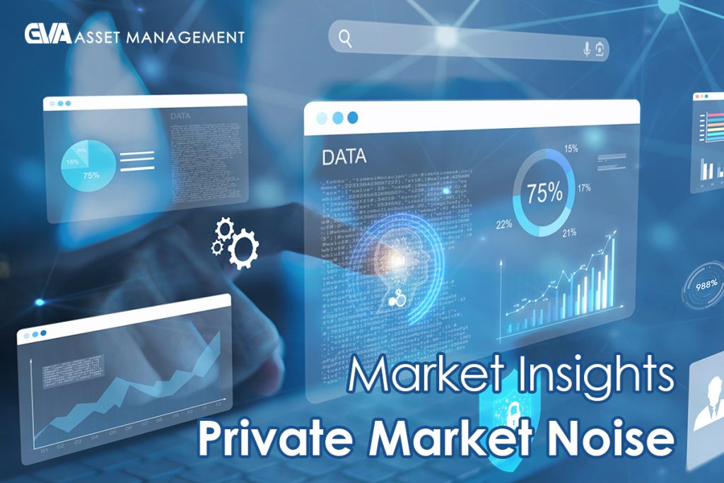Blue holographic dashboards with charts and data, overlay text reads 'Market Insights' and 'Private Market Noise'