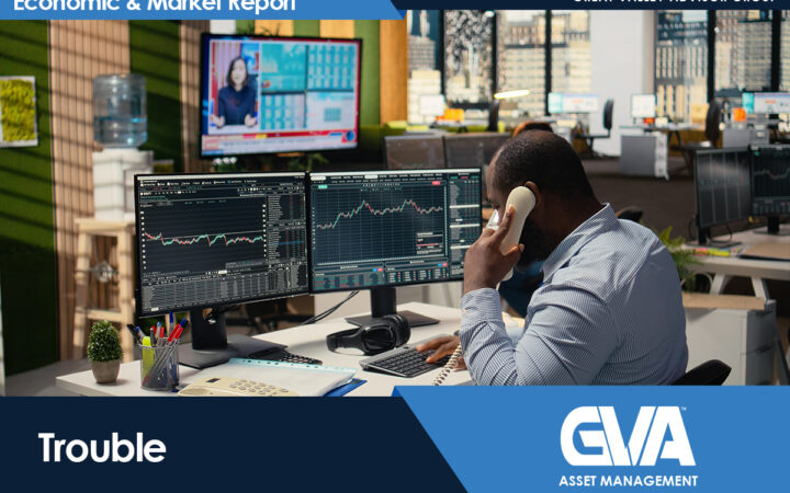 Man on the phone at a multi-monitor trading desk in a busy office; banner reads 'Economic & Market Report' with GVA Asset Management logo.
